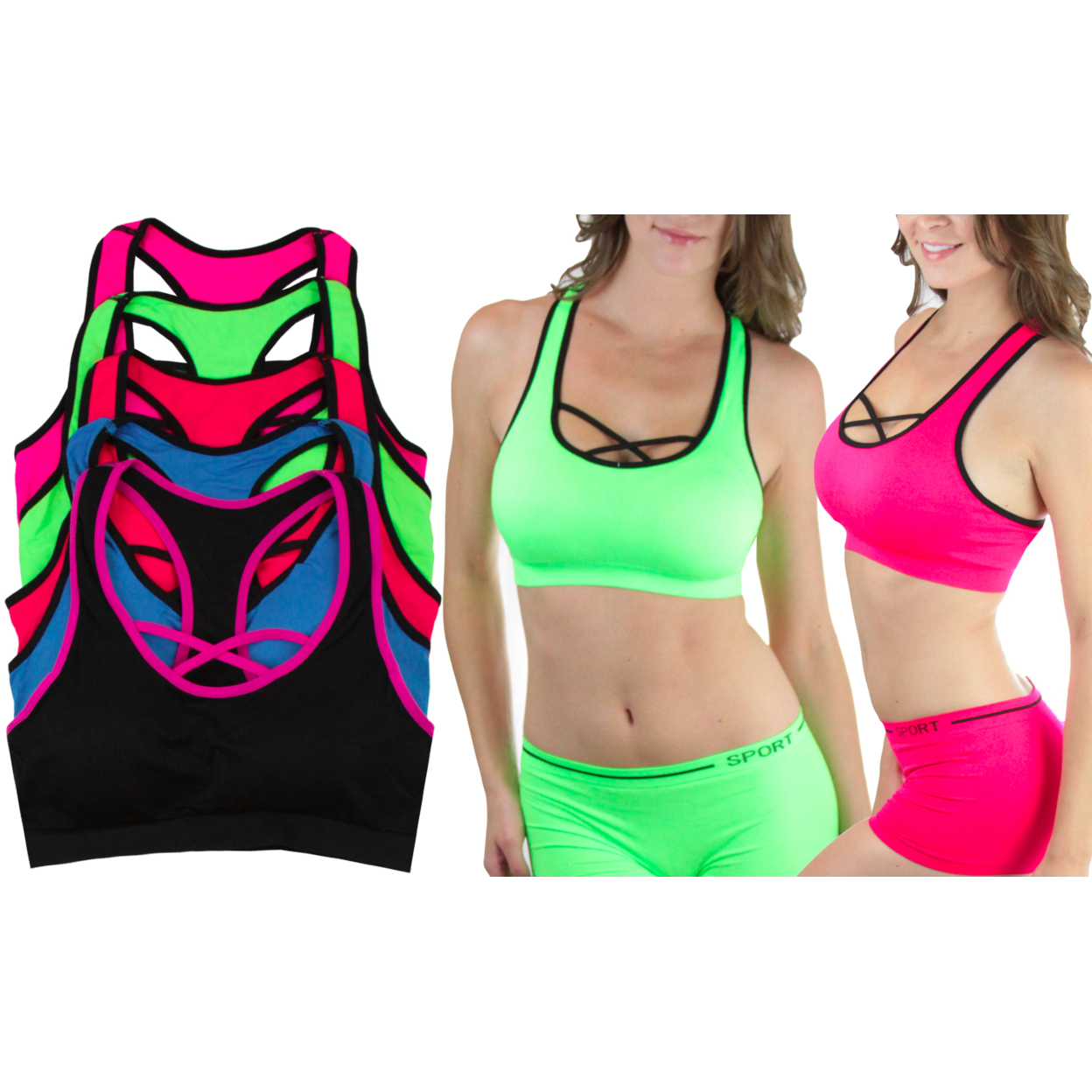 5-Pack Of Crisscross Padded Sports Bras Or 6-Pack Of Matching Boyshorts - Bras