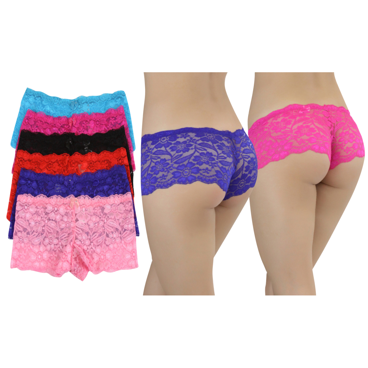 6 Pack Of Women's Sheer Floral Lace Boyshorts - Small