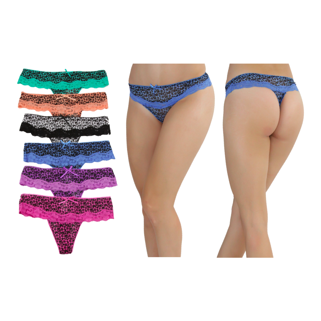 Tiny Daisy Lace Trim Thongs 6-Pack - S
