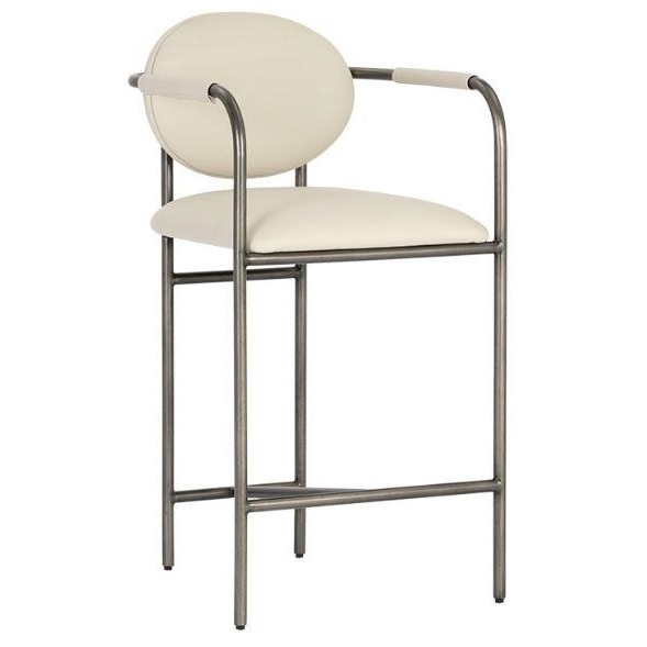 Cream Faux Leather Bar-Counter Stool w-Pewter Finished Steel Frame