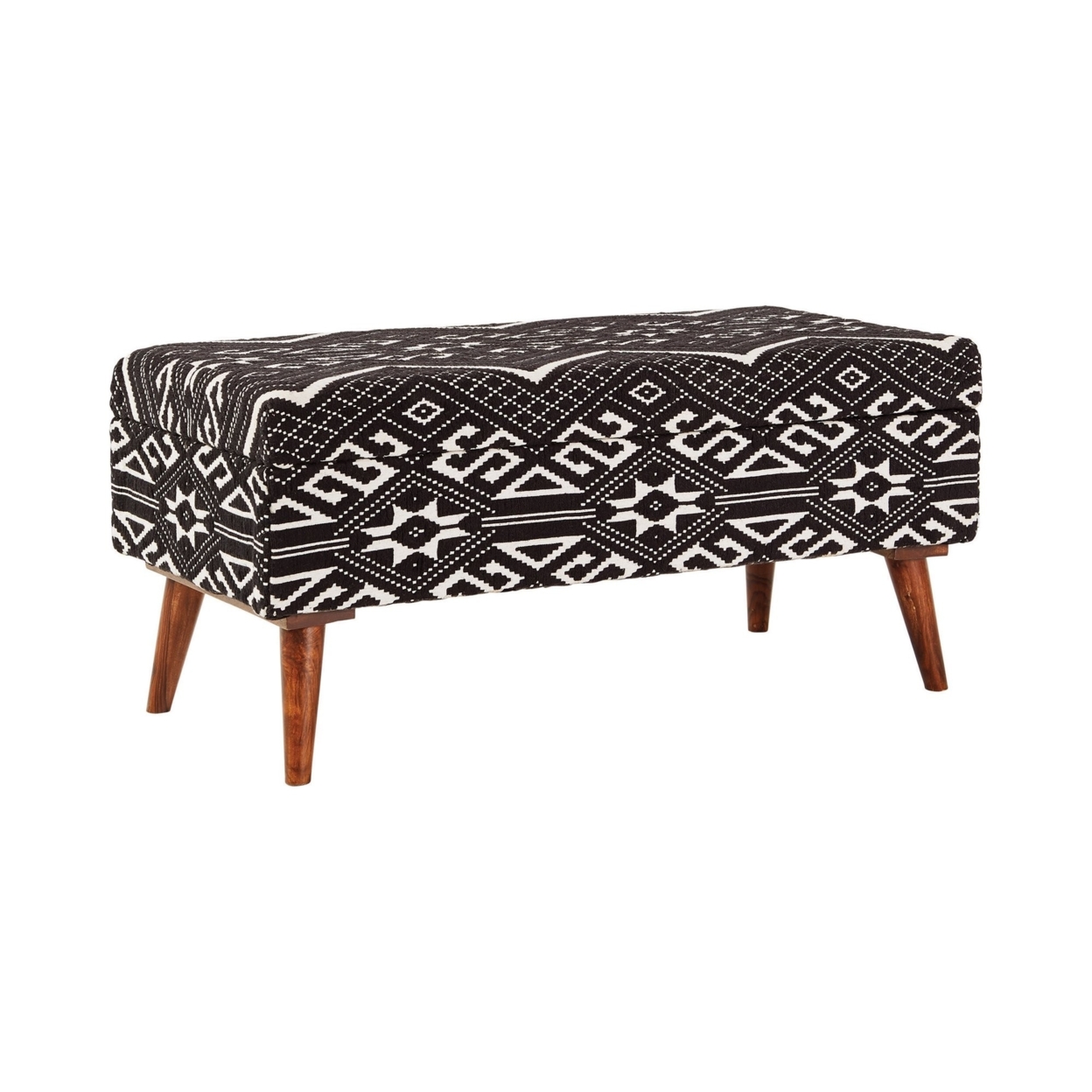 Ben 36 Inch Bench, Cushioned Pattern Seat, Woven Cotton, Black, White