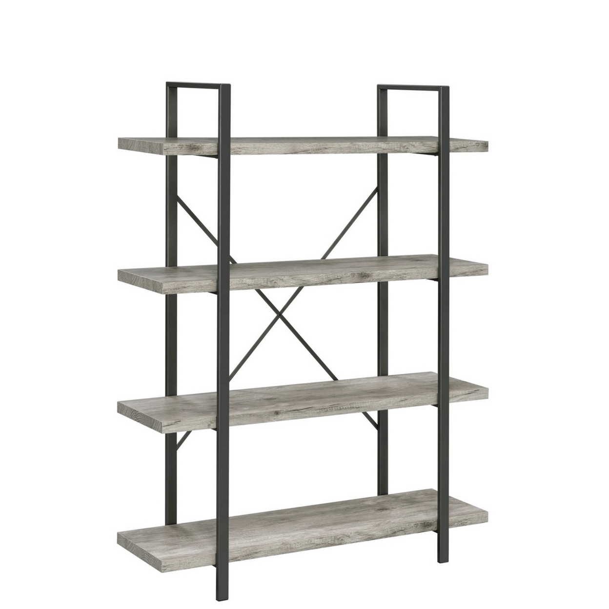Ana 55 Inch Wood Bookcase, 4 Shelves, Crossed Metal Design, Light Gray