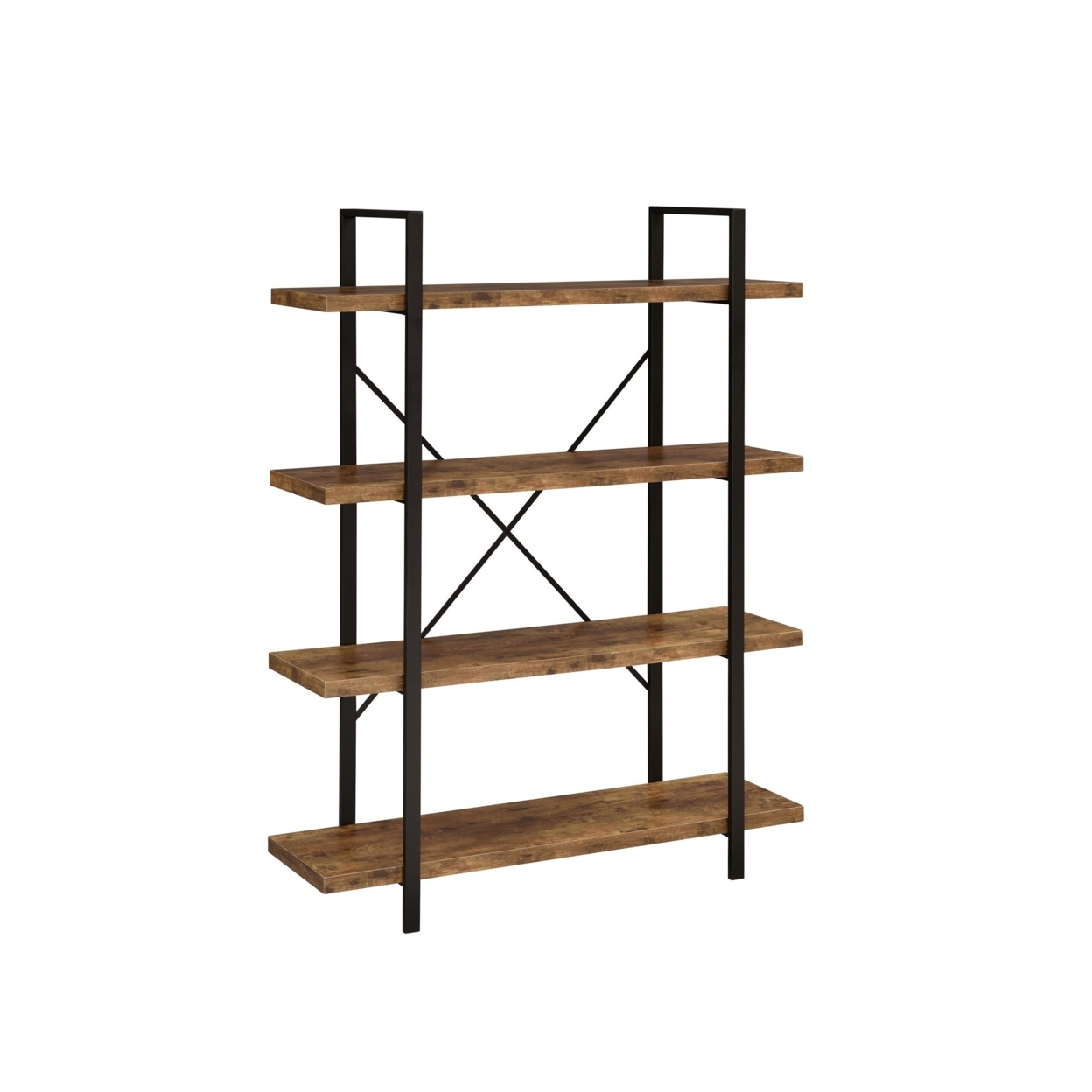 Ana 55 Inch Wood Bookcase, 4 Shelves, Crossed Metal Design, Rustic Brown