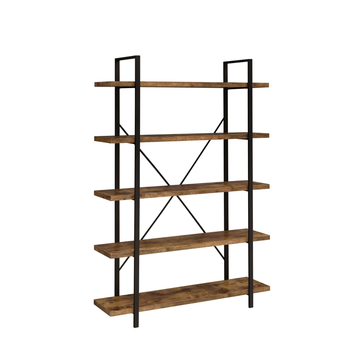 Ana 70 Inch Wood Bookcase, 5 Shelves, Crossed Metal Design, Rustic Brown