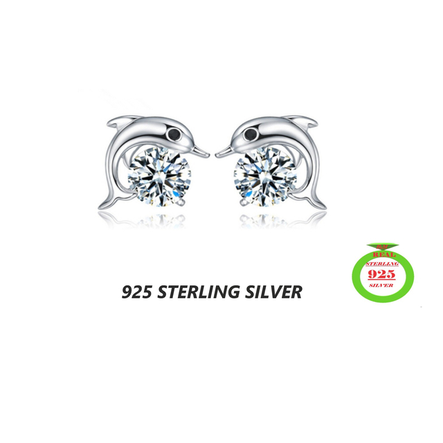 Sterling Silver Crystal Dolphin Shape Stud Earrings