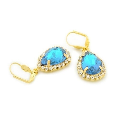 Genuine Aquamarine Crystal Tear Drop Hanging Earrings Gold Filled