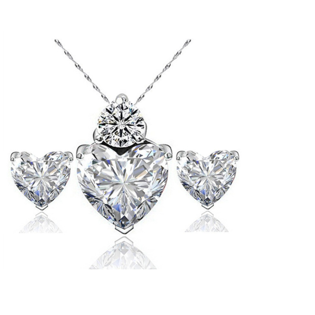 Rhodium Filled High Polish Finsh With Sterling Silver Elegant Crystal CZ Heart Necklace 14kt White Gold Heart Set