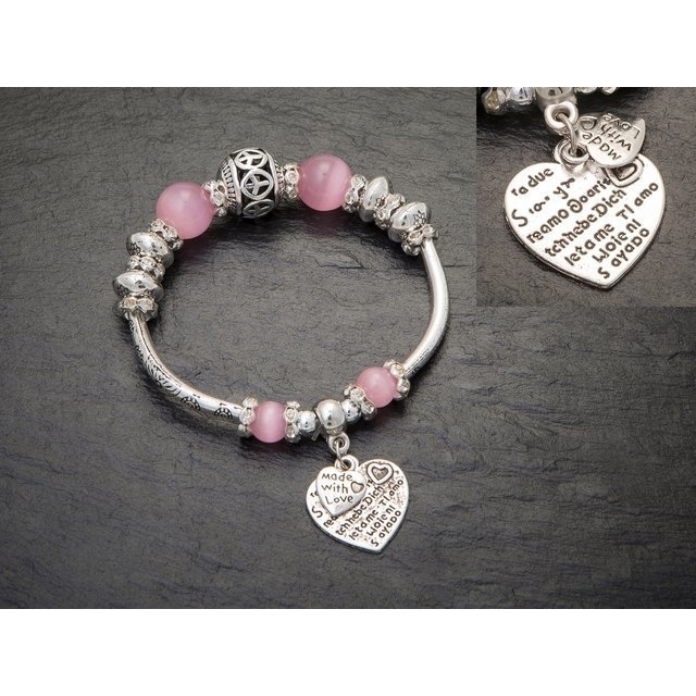 Silver Filled High Polish Finsh Pink Bead Austrain Crystal Heart Charm Bracelet