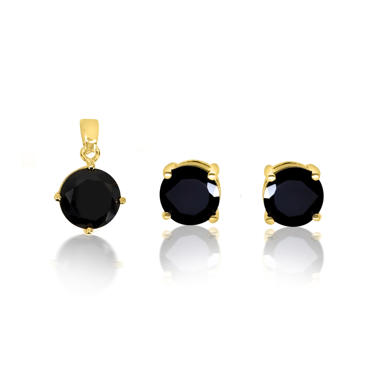 4CT Gold Filled High Polish Finsh Genuine Black ROUND Set Charm And Earrings