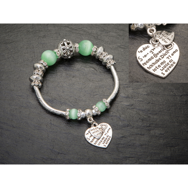 Silver Filled High Polish Finsh Jade Bead Austrain Crystal Heart Charm Bracelet