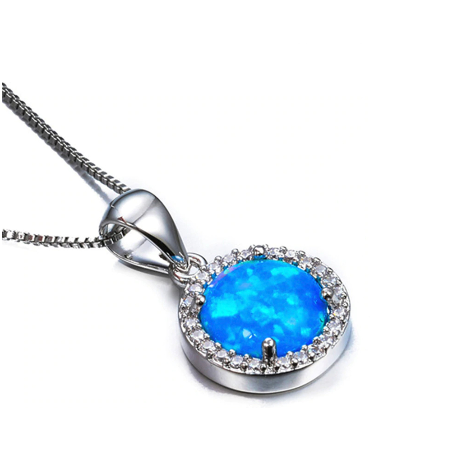 Rhodium Filled High Polish Finsh Round-Cut Lab Created Fire Opal Necklace