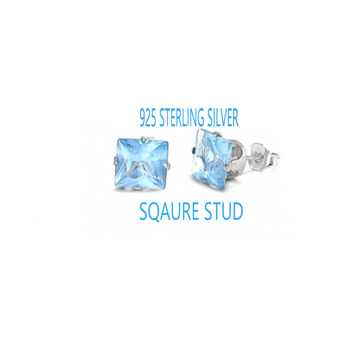 925 Aqua Blue Square Shape Stud Earrings