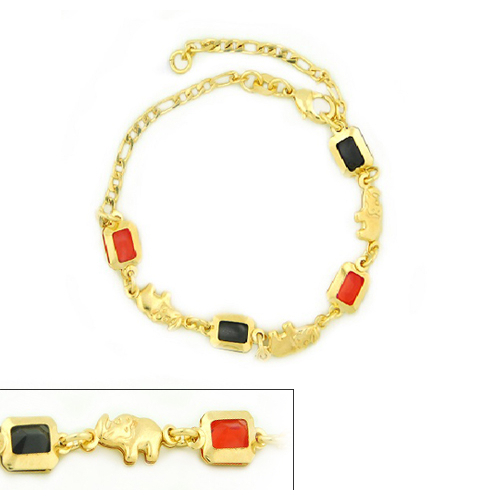 14k Gold Filled Yellow Rectangle Red And Black Elephant Bracelet 7.5''