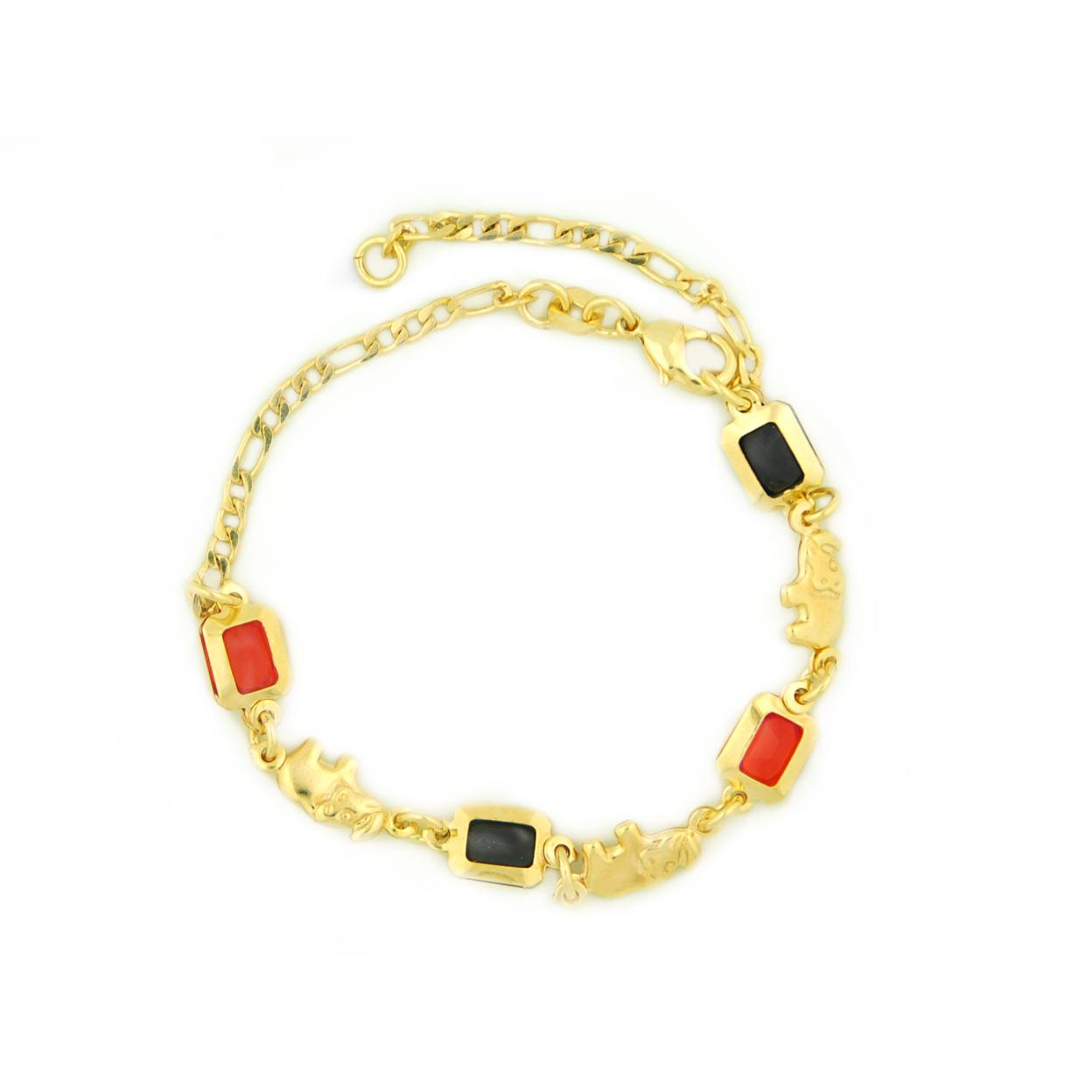 14k Gold Filled Yellow Rectangle Red And Black Elephant Bracelet 5.5''
