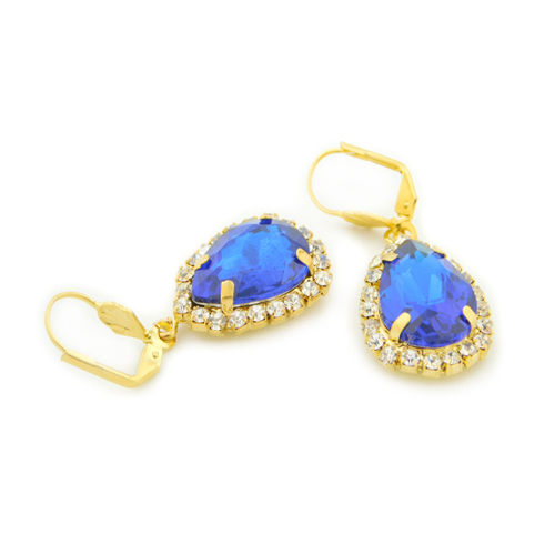 18k Gold Filled Blue Crystal Tear Drop Hanging Earrings