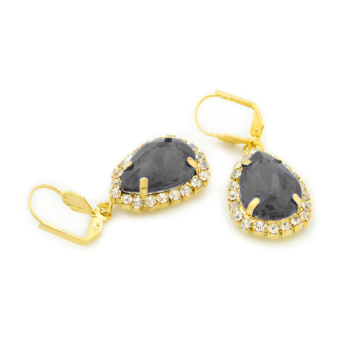 18k Gold Filled Black Crystal Tear Drop Hanging Earrings