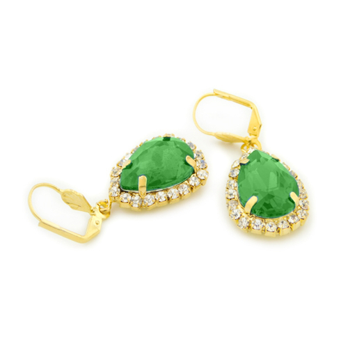 18k Gold Filled Green Crystal Tear Drop Hanging Earrings