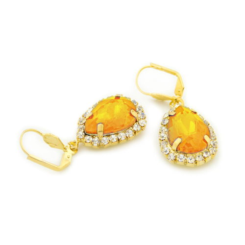 18k Gold Filled Orange Crystal Tear Drop Hanging Earrings