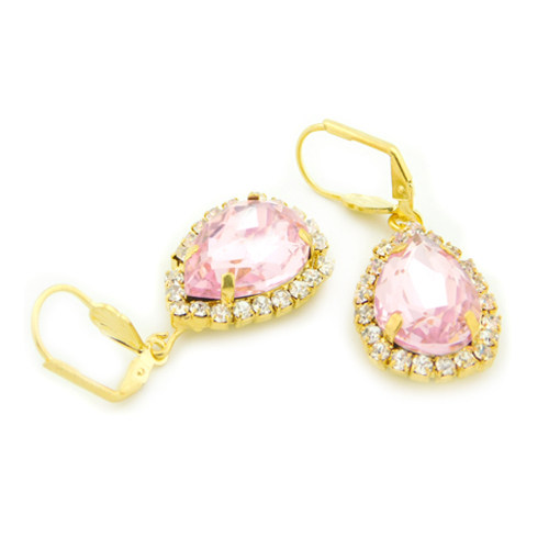 18k Gold Filled Pink Crystal Tear Drop Hanging Earrings