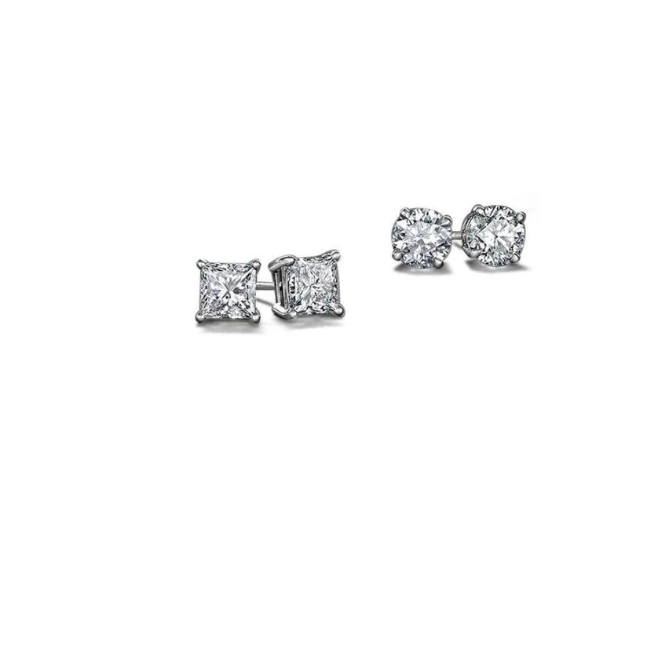 White Gold Filled High Polish Finsh Round And Princess Stud Earring Set (2 Pairs)