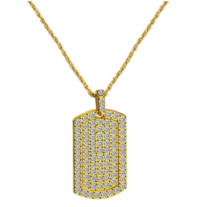 Gold Filled High Polish Finsh Men's Pendant Filled Iced Out Micro-Pava Gold Color Charm Square Tag Necklace With Chain - YELLOW GOLD