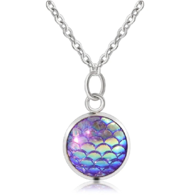 Genuine Fish Scales Rainbow Holographic Sequins Charm Pendant Chain Necklace Silver Filled High Polish Finsh