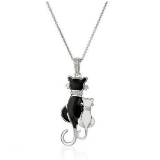 Elements Black-white Cat Chain Necklace Unisex White Gold Filled High Polish Finsh
