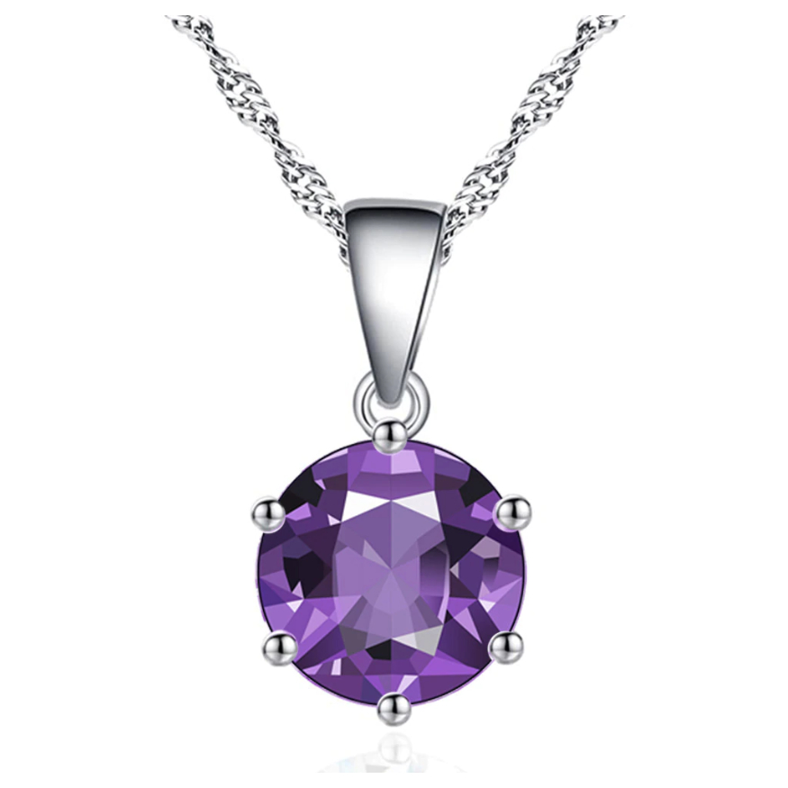925 Sterling Silver Classic Amethyst CZ Round Necklace