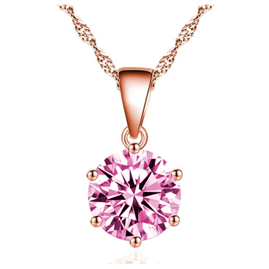 925 Yellow Sterling Silver Classic Pink CZ Round Necklace