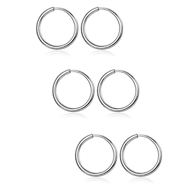 Endless Round Unisex Hoop Earrings (3 Pairs) 18k Yellow Gold Filled High Polish Finsh - Silver