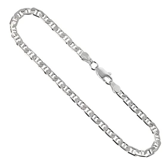925 Silver Filled High Polish Finsh Anklet Anchor Chain Flat Mariner 3.7 Mm Nickel Free Italy, Sizes 10 Inch
