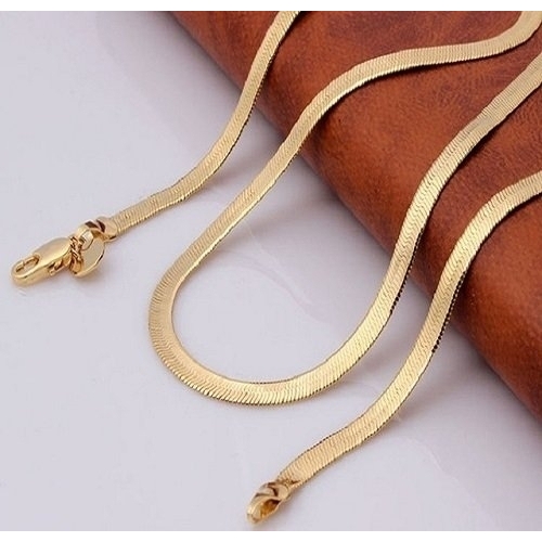 Flat Herringbone Chain Necklace Unisex 14K Gold High Polish Finish - Yellow-24''