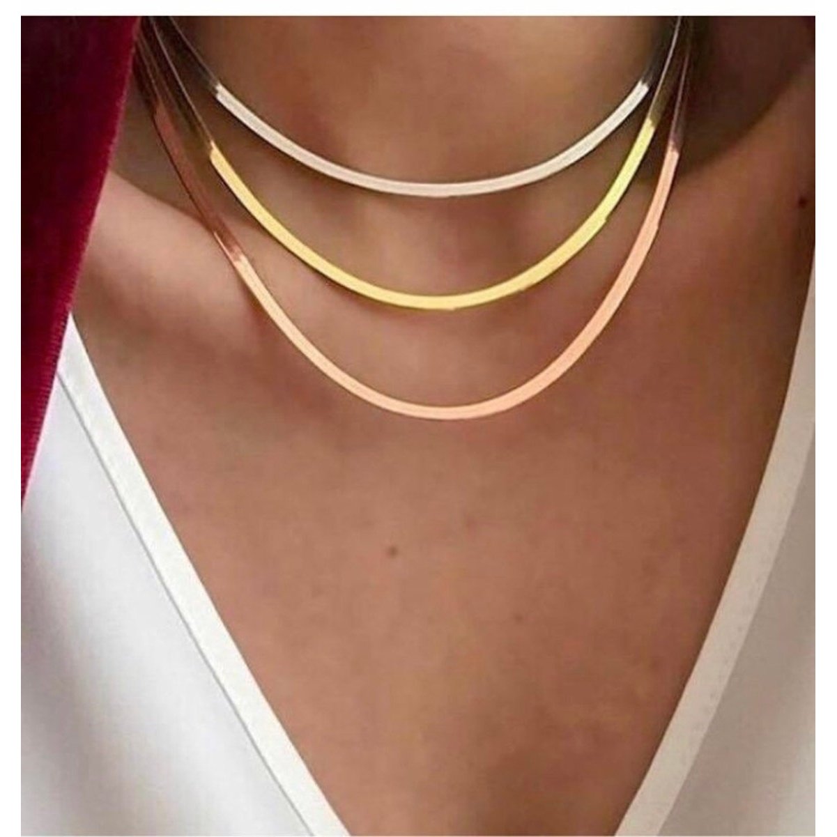 Silver ,Snake Chain Necklace, Herringbone Chain Necklace, Flat Snake Chain Choker , Silver, Gold - Yellow Gold