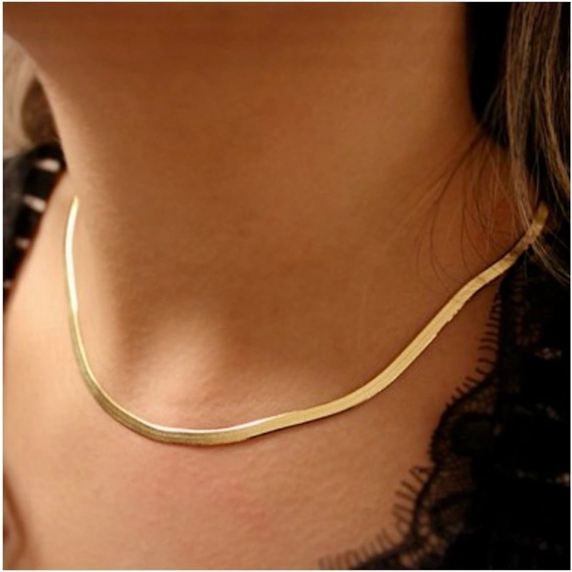 Silver ,Snake Chain Necklace, Herringbone Chain Necklace, Flat Snake Chain Choker , Silver, Gold - White