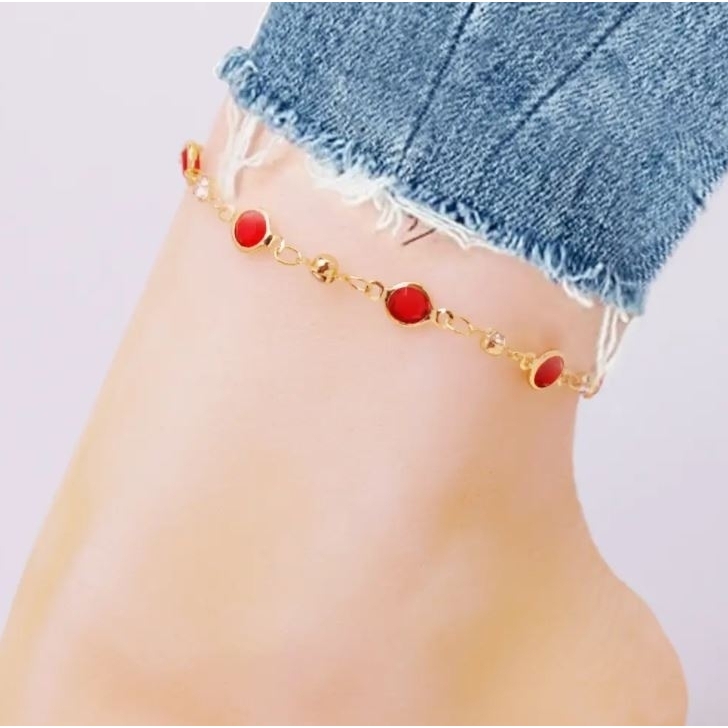 18k Gold Plated High Polish Finish Red Crystal Anklet