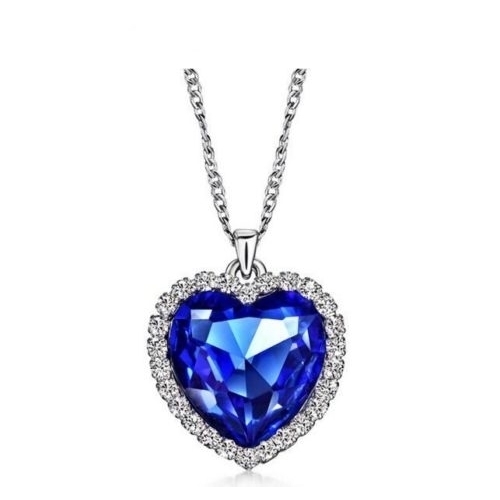 14K Gold Plating Over Titanic Heart Shape Blue Sapphire & Halo Pendant Necklace