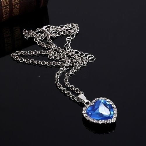 14K Gold Plating Over Titanic Heart Shape Blue Sapphire & Halo Pendant Necklace