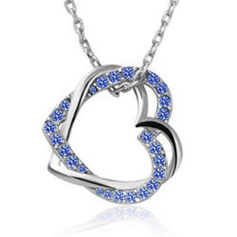 18K White Gold Plated Dark Blue Double Hearts Necklace