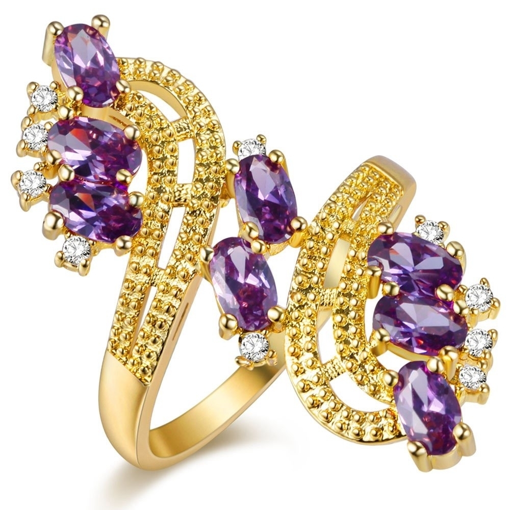 18K Gold Plated Two-Tone Amethyst Spinel & CZ Flower Statement Ring - 7