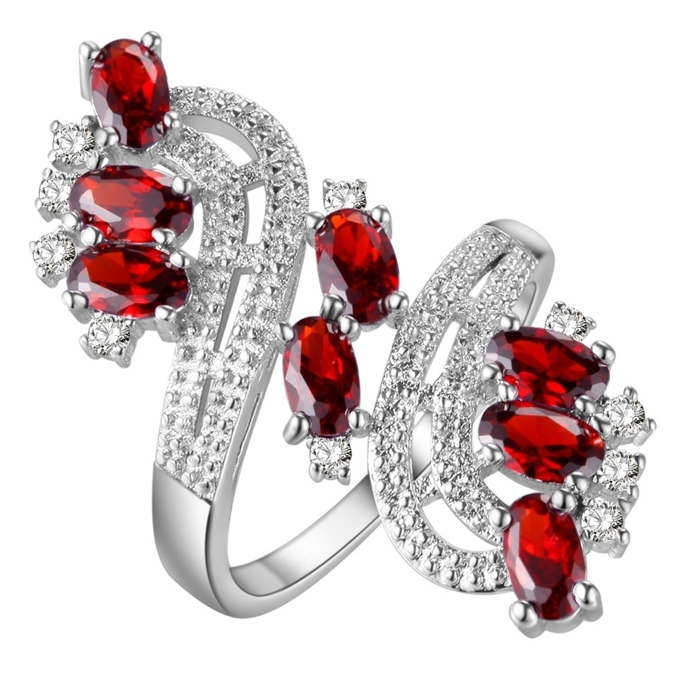 18K White Gold Plated Two-Tone Red Spinel & CZ Flower Statement Ring - Size 8