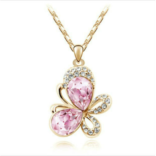 18K White Gold Plated Butterfly Necklace Pink Topaz CZ Butterfly
