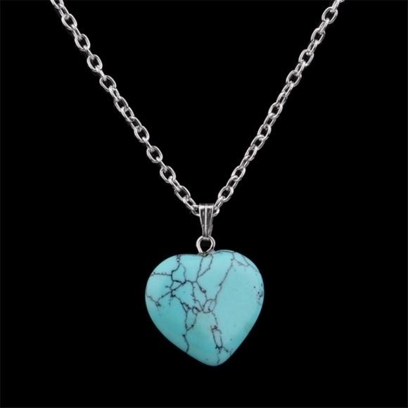 Natural Created Gemstone Heart Drop Necklace Stone Heart Necklace - Turquoise