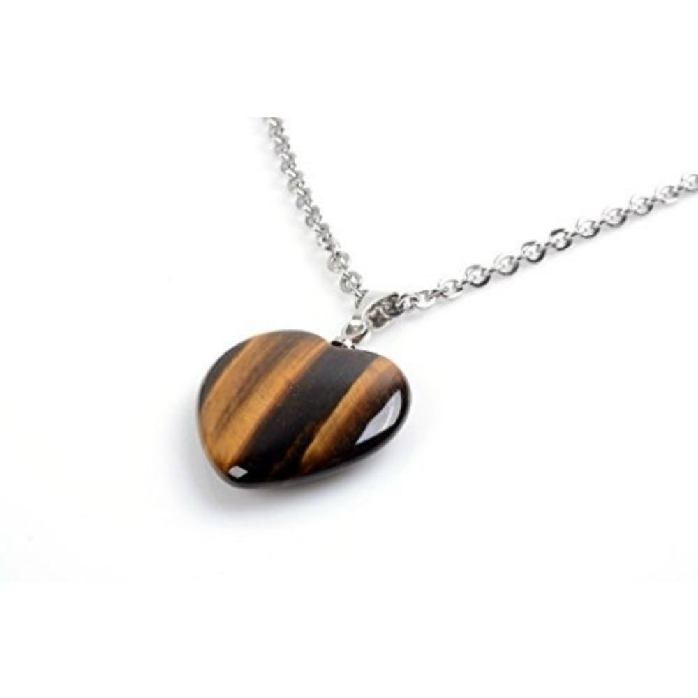 Natural Created Gemstone Heart Drop Necklace Stone Heart Necklace - Tiger Eye