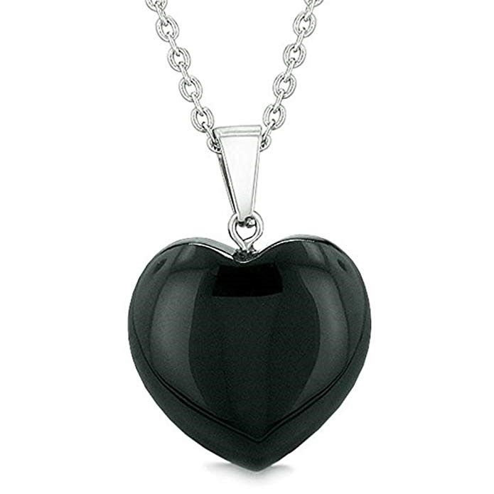 Natural Created Gemstone Heart Drop Necklace Stone Heart Necklace - Black