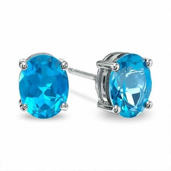 14K White Gold Plated 1 Ct Blue Topaz Round Oval Stud Earrings
