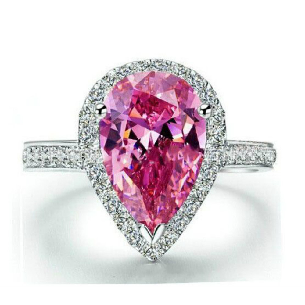 Pear Cut Halo Pink Cubic Zirconia Ring In White Gold Plated - 9