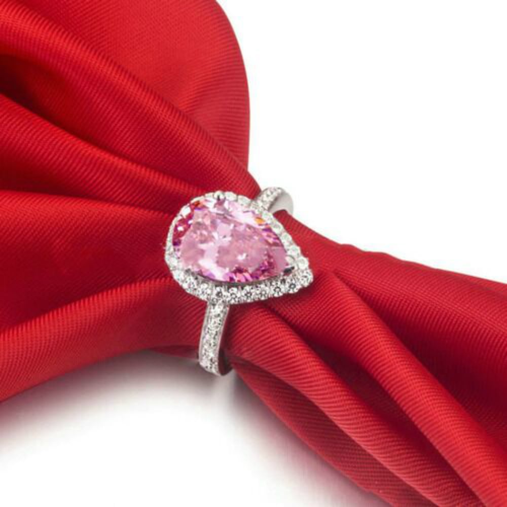 Pear Cut Halo Pink Cubic Zirconia Ring In White Gold Plated - 8