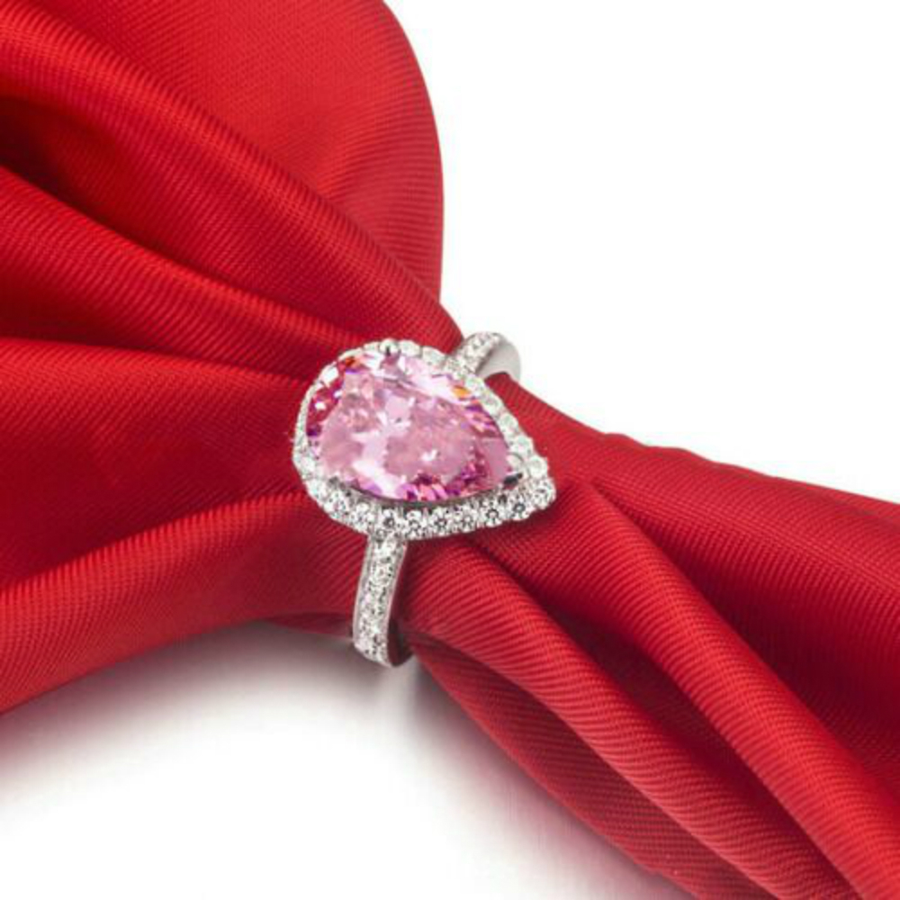 Pear Cut Halo Pink Cubic Zirconia Ring In White Gold Plated - 6