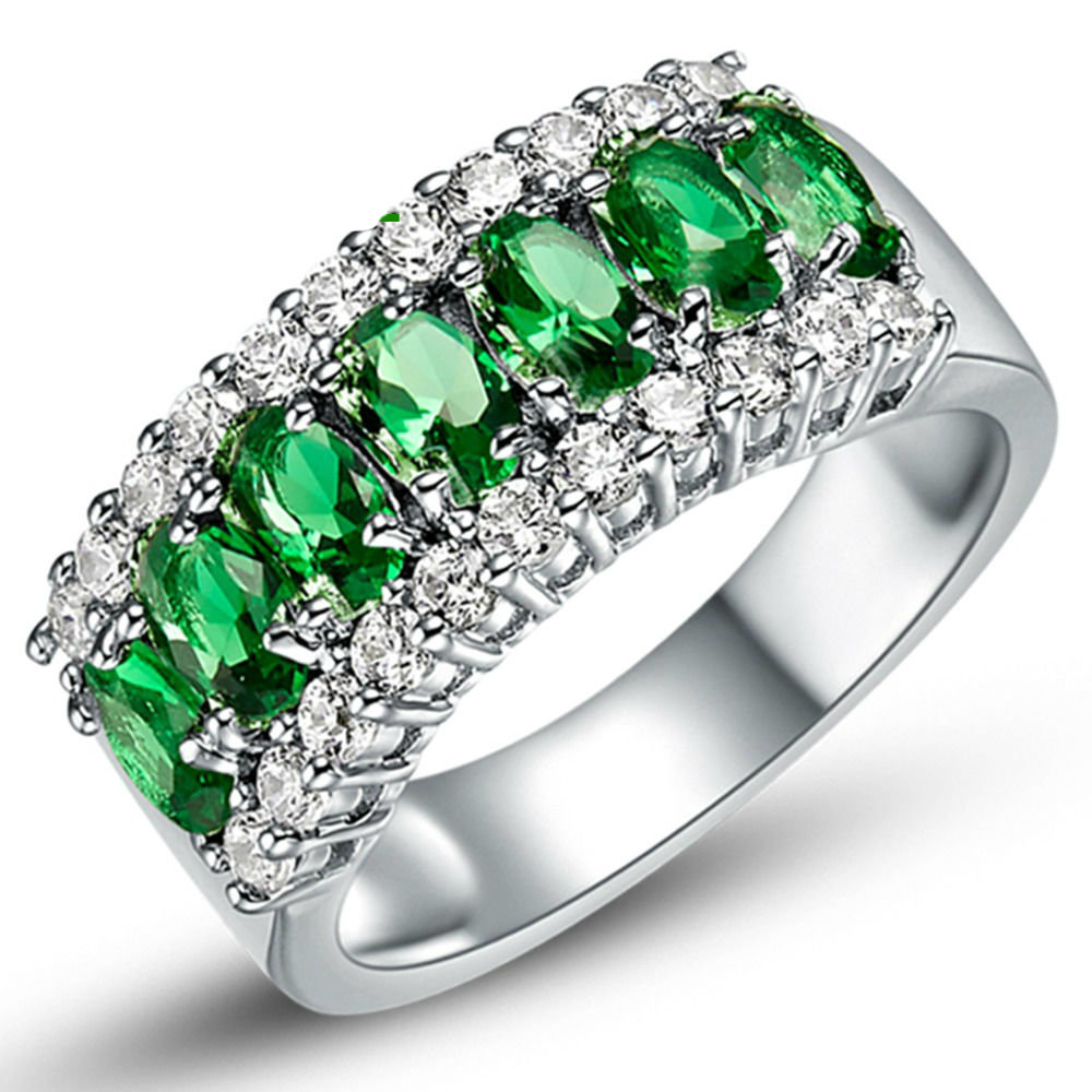 Rhodium Plated 2ct TGW Oval-cut Emerald And Cubic Zirconia Ring - 9