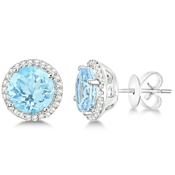Blue Halo Stud With Detailed Sides In White Gold Plating Earrings